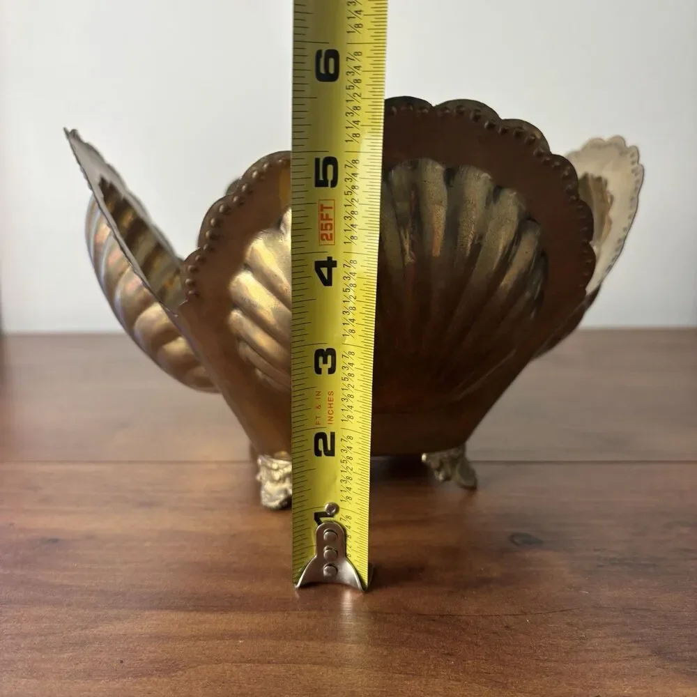 Vintage Hollywood Regency Brass Clam Sea Shell Planter Footed Cache Pot Patina